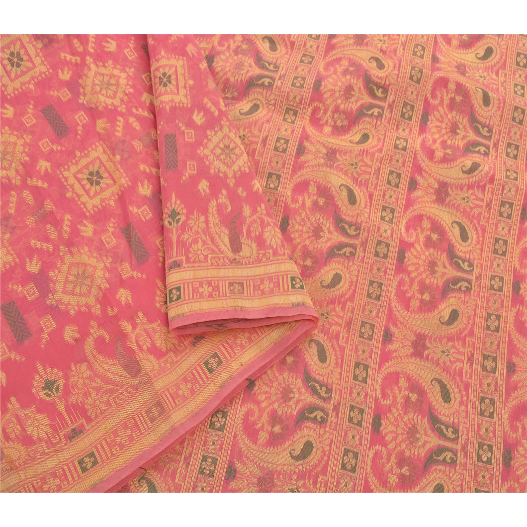 Sanskriti Vinatage Pink Saree Art Silk Woven Craft Fabric Premium 5 Yard Sari