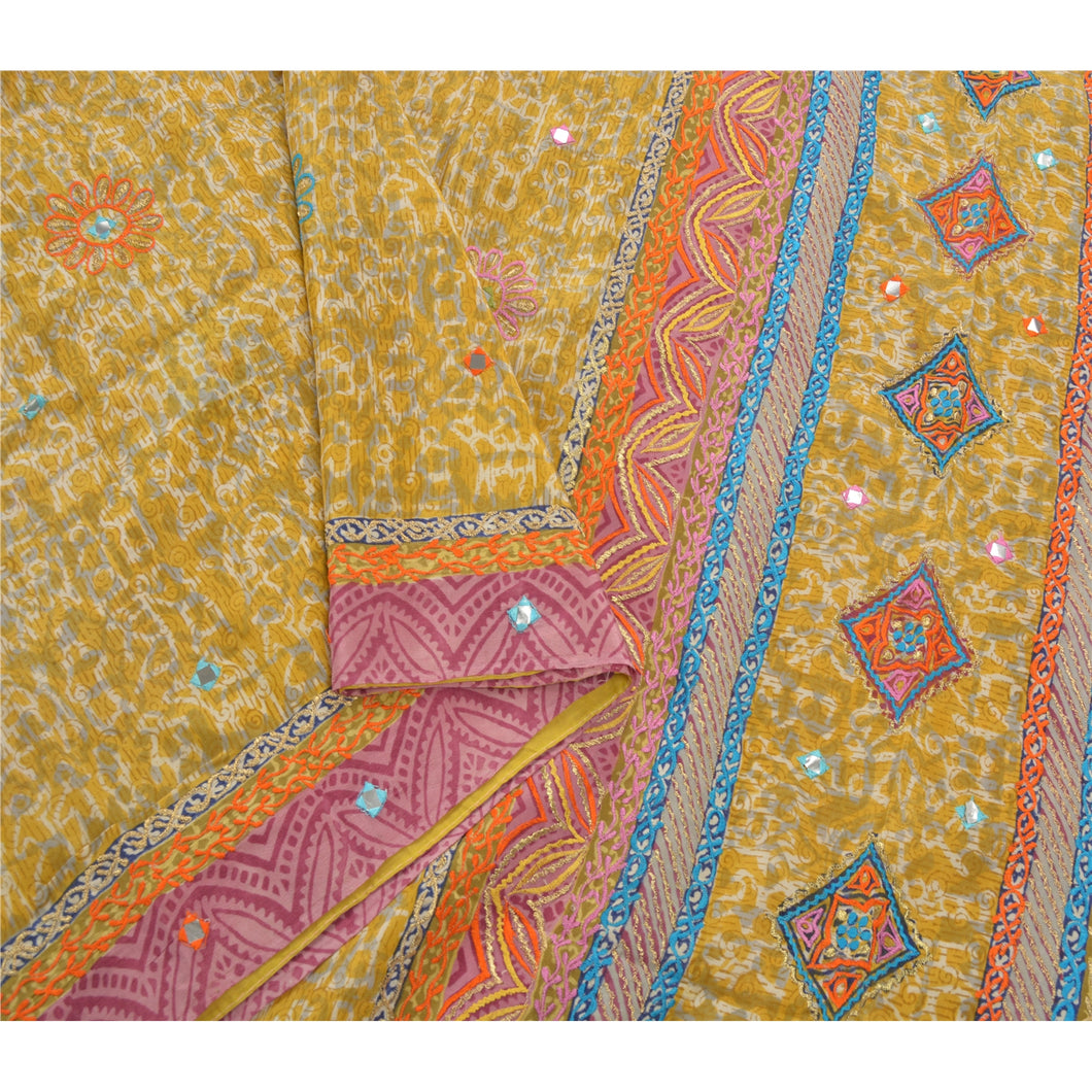 Sanskriti Vinatage Lemon Saree Pure Silk Embroidered Premium Fabric 5 Yard Sari