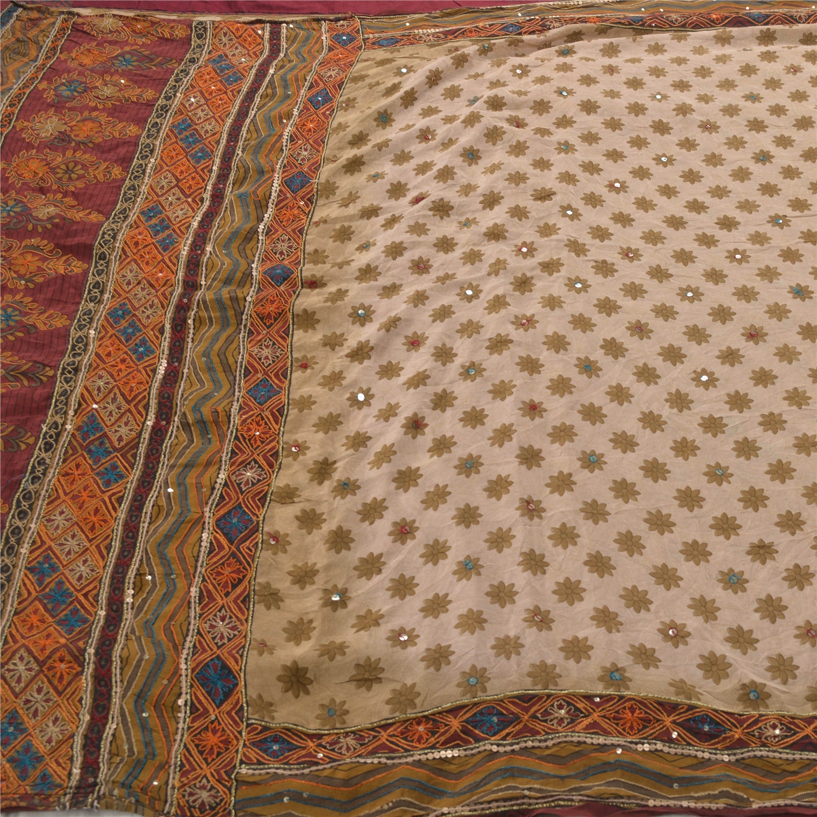 Сари Sanskriti Vintage Cream Saree из 100% чистого крепированного шелка, расшитого вручную бисером, из экологически чистой ткани