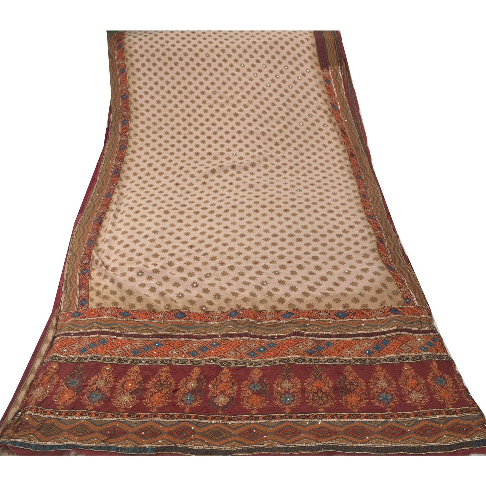 Сари Sanskriti Vintage Cream Saree из 100% чистого крепированного шелка, расшитого вручную бисером, из экологически чистой ткани