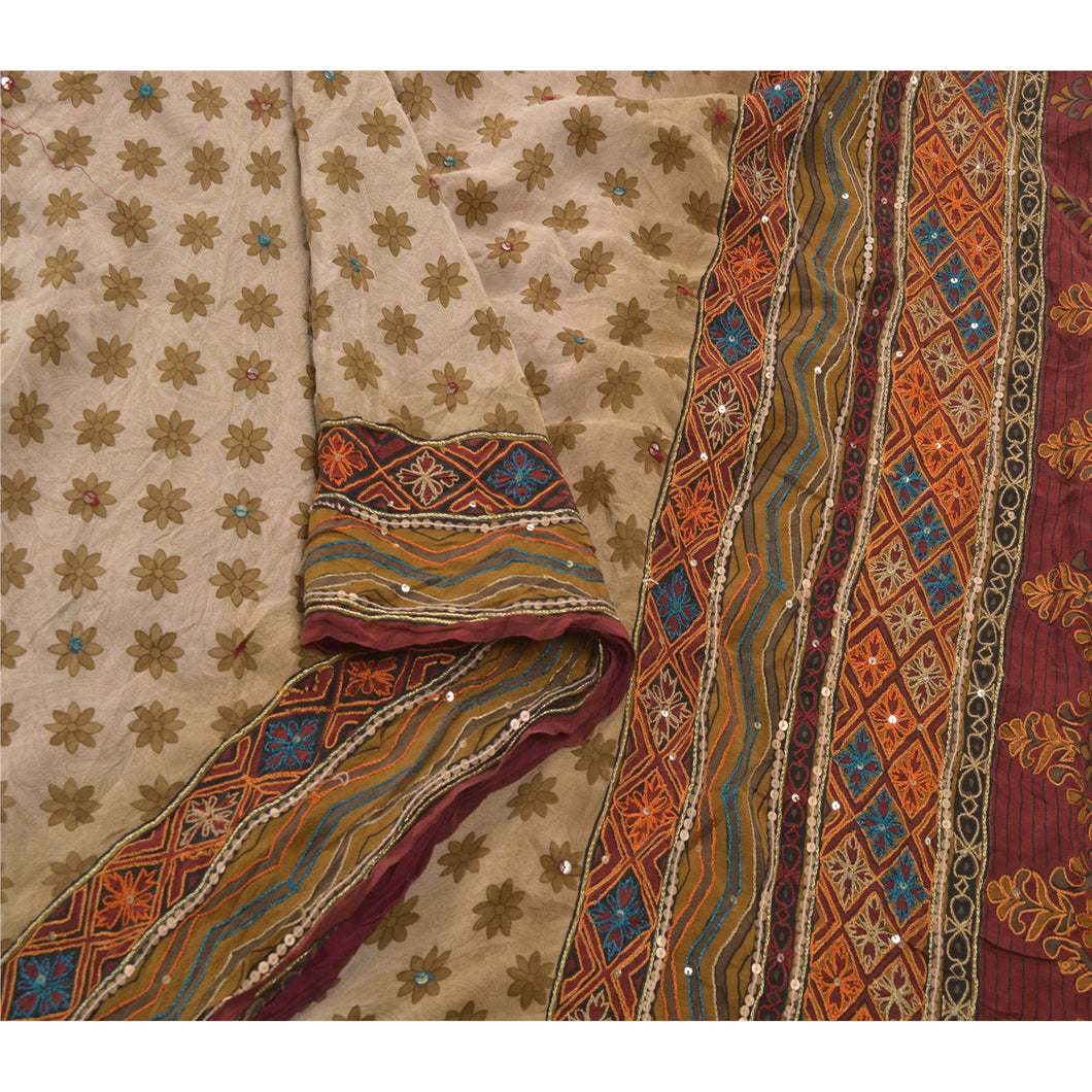 Cream Saree 100% Pure Crepe Silk Hand Beaded Craft Fabric Sari