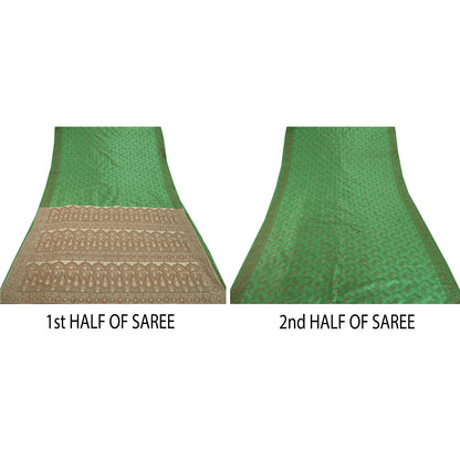 Sanskriti Vintage Green Saree Art Silk Woven Craft Sustainable Fabric Premium 5 Yard Sari
