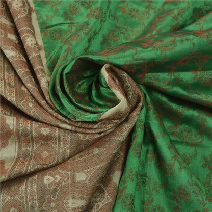 Sanskriti Vintage Green Saree Art Silk Woven Craft Sustainable Fabric Premium 5 Yard Sari