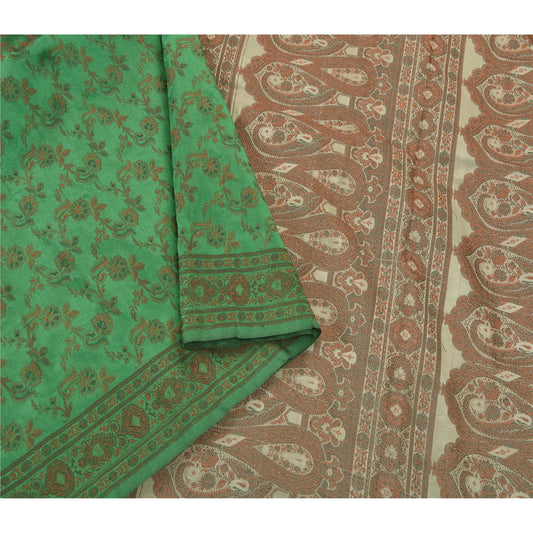Sanskriti Vintage Green Saree Art Silk Woven Craft Sustainable Fabric Premium 5 Yard Sari