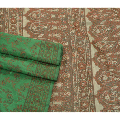 Sanskriti Vintage Green Saree Art Silk Woven Craft Sustainable Fabric Premium 5 Yard Sari
