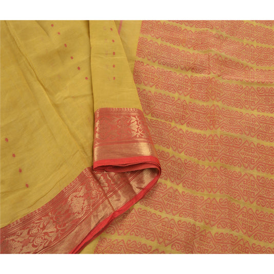Sanskriti Vintage Yellow Saree 100% Pure Cotton Woven Craft 5 Yard Sustainable Fabric Sari