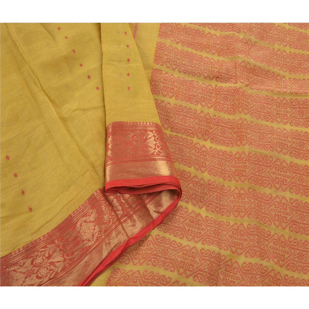 Sanskriti Vinatage Yellow Saree 100% Pure Cotton Woven Craft 5 Yard Fabric Sari