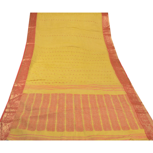 Sanskriti Vintage Yellow Saree 100% Pure Cotton Woven Craft 5 Yard Sustainable Fabric Sari