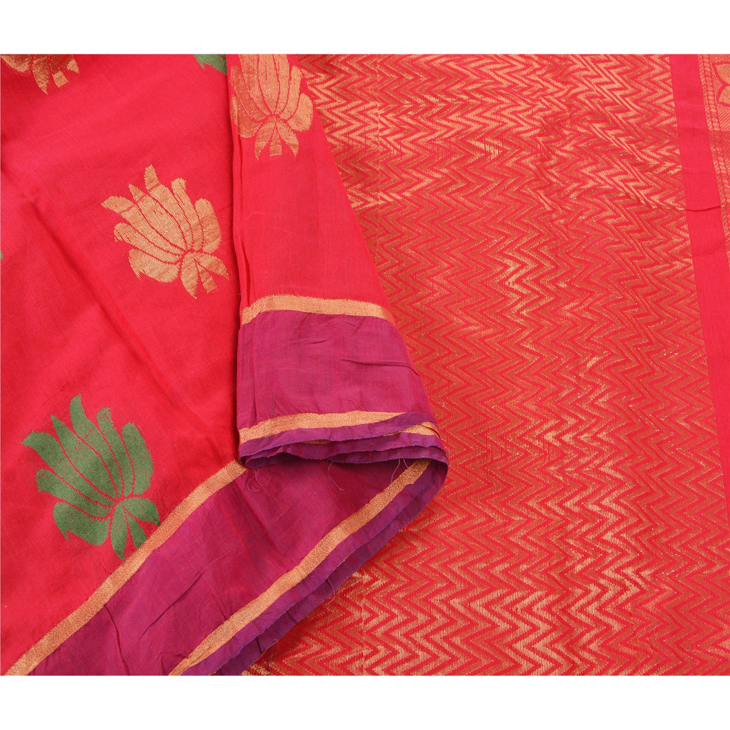 Sanskriti Vintage Pink Saree Cotton Woven Brocade Craft Fabric Zari Work Sari