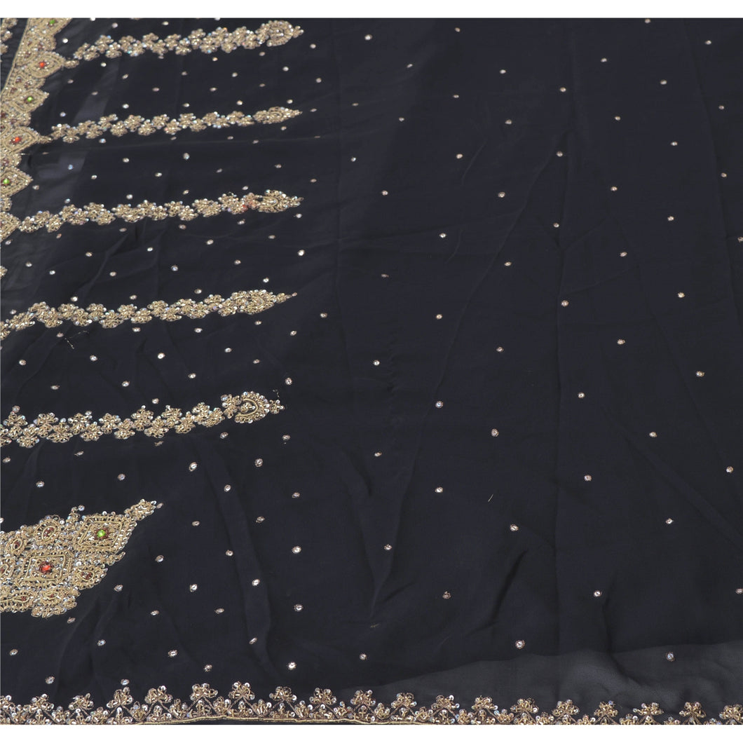 Sanskriti Vintage Black Indian Sari Georgette Hand Beaded Sarees Cultural Fabric