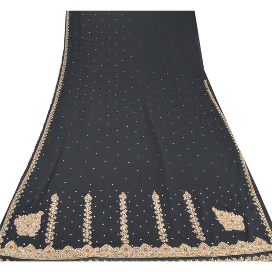 Sanskriti Vintage Black Indian Sari Georgette Hand Beaded Sarees Cultural Sustainable Fabric