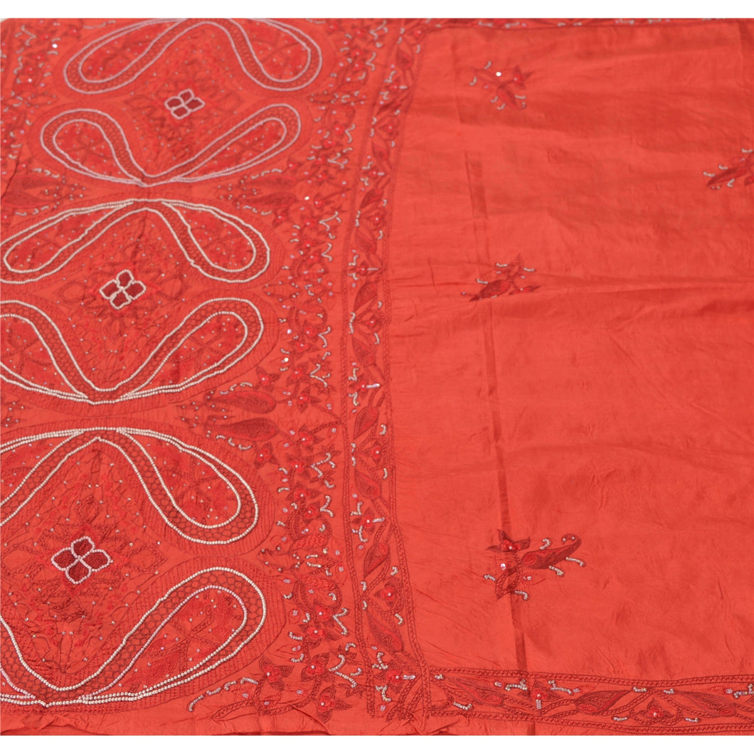 Sanskriti Vinatage Sanskriti Vintage Orange Saree Pure Silk Hand Beaded Premium Sari Craft Fabric