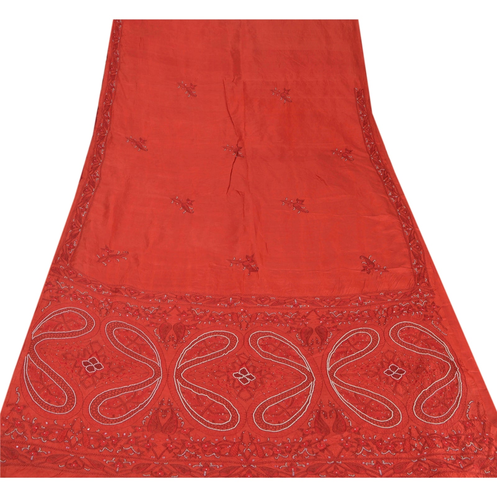 Санскрити Винтаж Оранжевое Сари Чистый Шелк Ручной Работы Бисером Премиум Сари Ремесло Экологичная Ткань