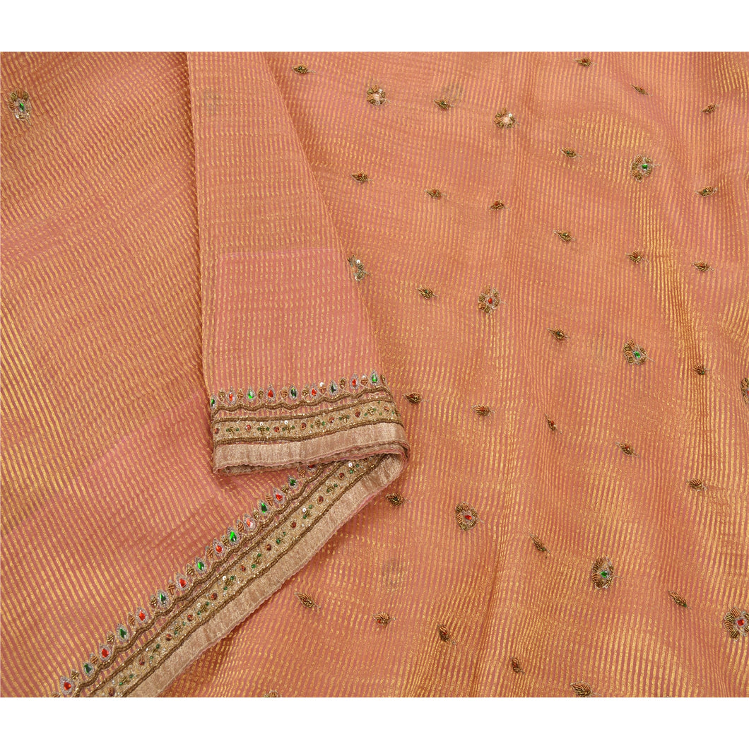Sanskriti Vintage Pink Sarees Art Silk Hand Beaded Woven Fabric 5 Yard Sari