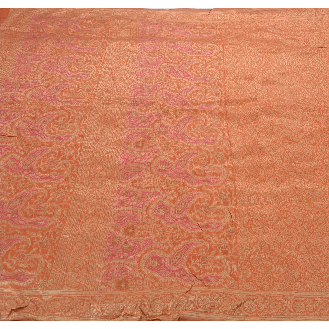 Sanskriti Vinatage Sanskriti Vintage Peach Sarees Blend Silk Woven Craft Fabric Premium 5 Yard Sari