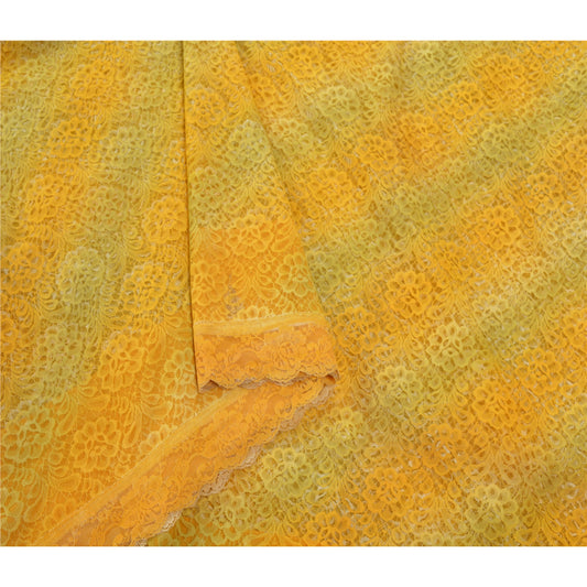 Sanskriti Vintage Yellow Indian Sari Net Mesh Yellow Woven Sustainable Fabric Premium Sarees