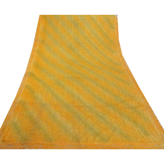 Sanskriti Vintage Yellow Indian Sari Net Mesh Yellow Woven Sustainable Fabric Premium Sarees