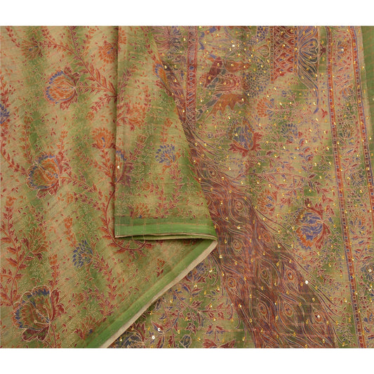Sanskriti Vintage Green Sarees Pure Cotton Hand Beaded Painted Craft Sustainable Fabric Sari