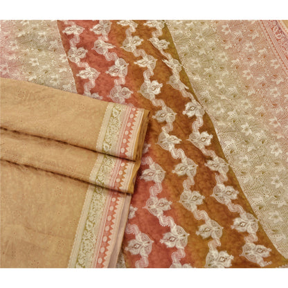 Sanskriti Vintage Beige Sarees 100% Pure Silk Woven Craft 5 Yard Sustainable Fabric Sari