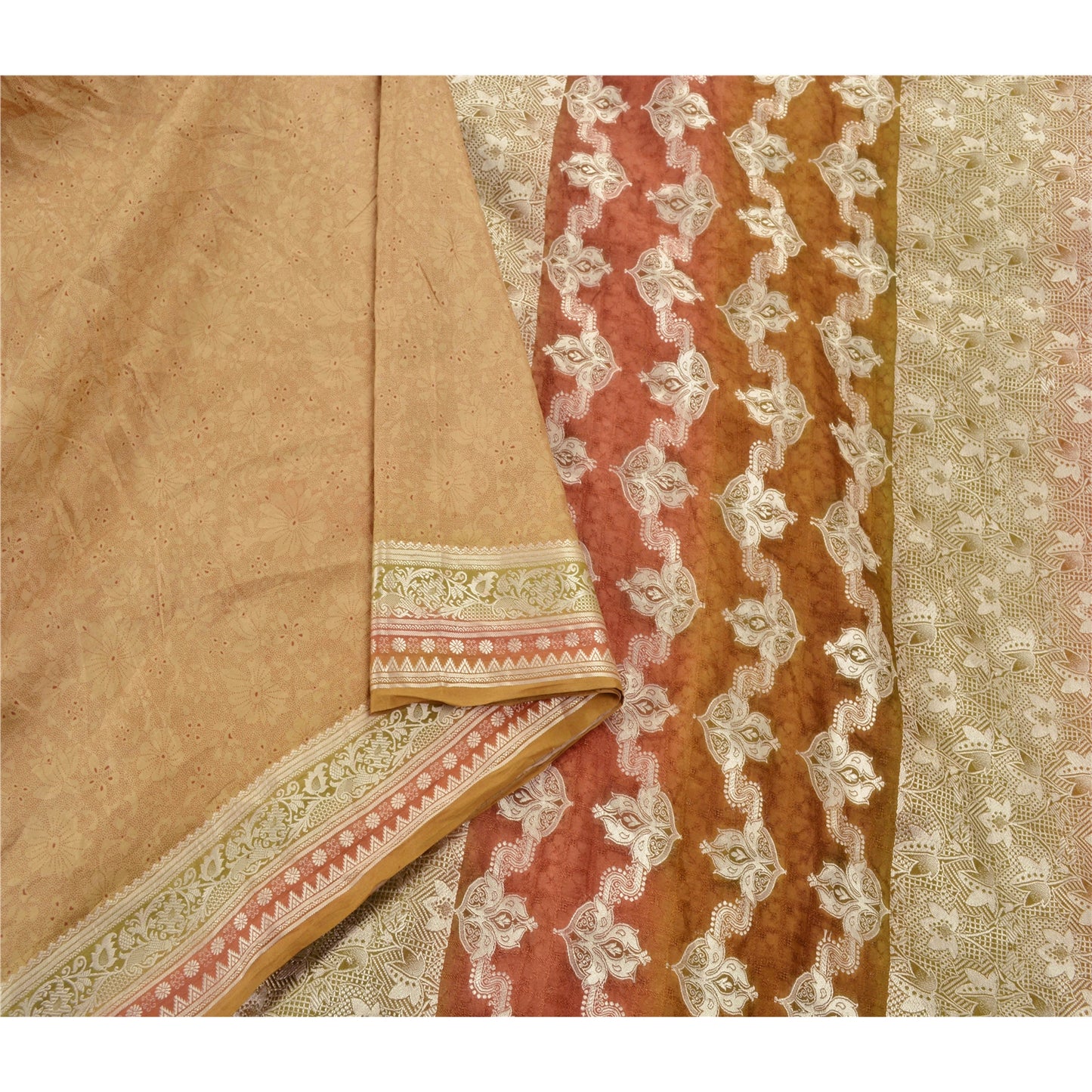 Sanskriti Vintage Beige Sarees 100% Pure Silk Woven Craft 5 Yard Sustainable Fabric Sari