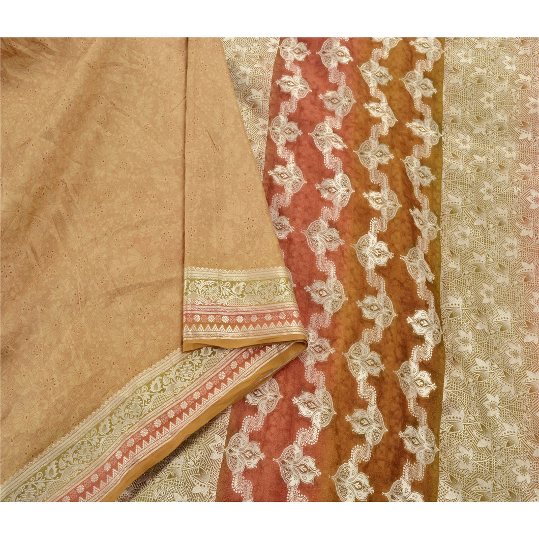 Sanskriti Vinatage Sanskriti Vintage Beige Sarees 100% Pure Silk Woven Craft 5 Yard Fabric Sari