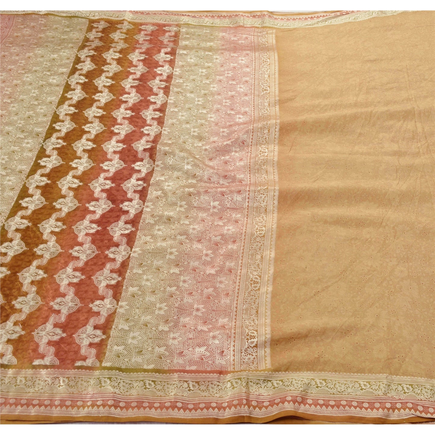 Sanskriti Vintage Beige Sarees 100% Pure Silk Woven Craft 5 Yard Sustainable Fabric Sari