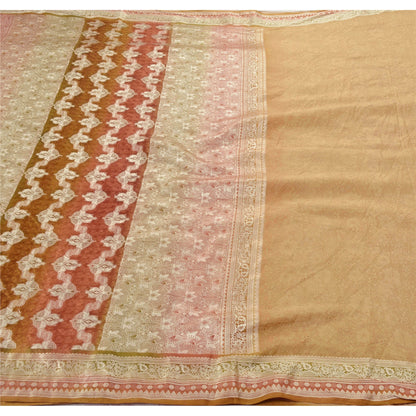 Sanskriti Vintage Beige Sarees 100% Pure Silk Woven Craft 5 Yard Sustainable Fabric Sari