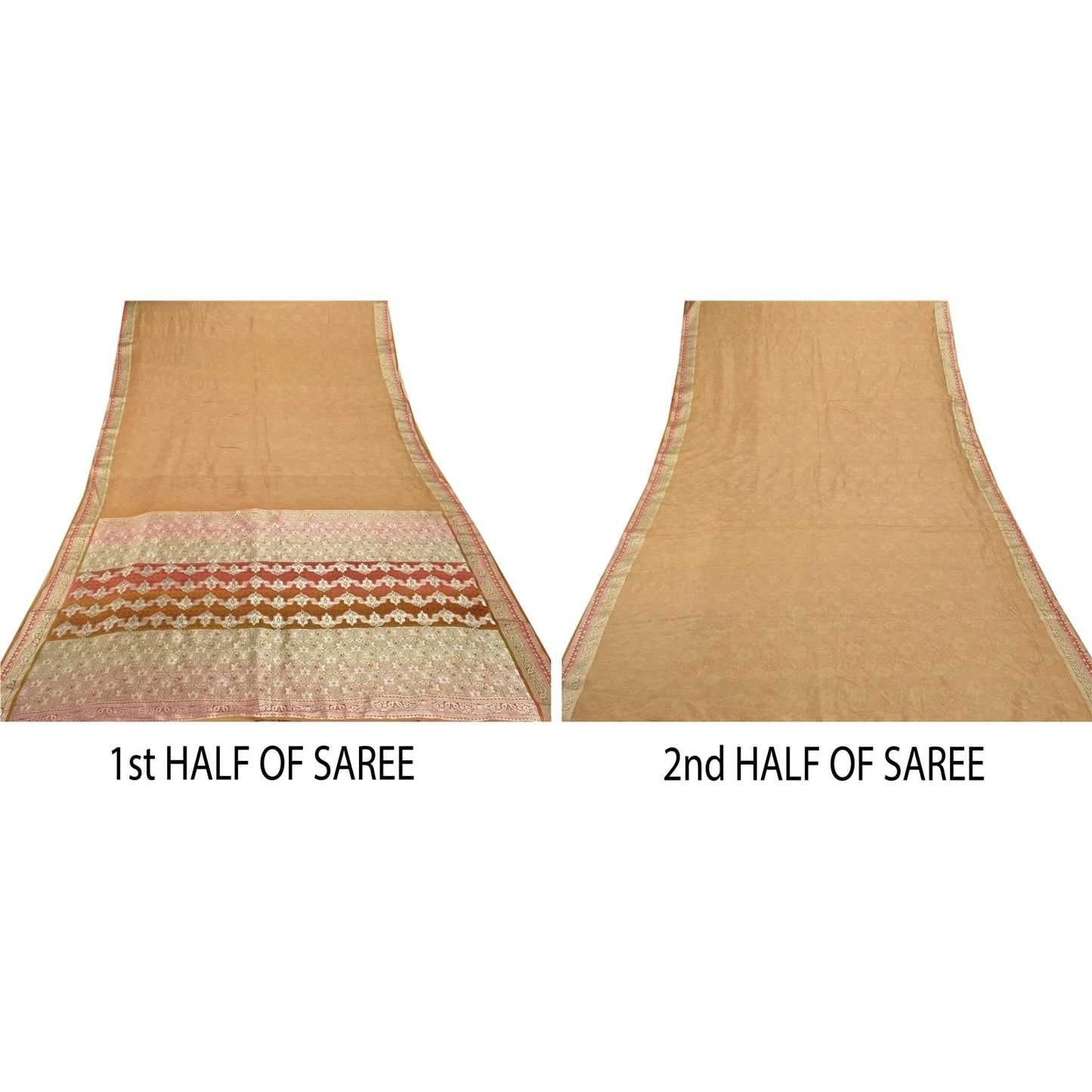 Sanskriti Vintage Beige Sarees 100% Pure Silk Woven Craft 5 Yard Sustainable Fabric Sari