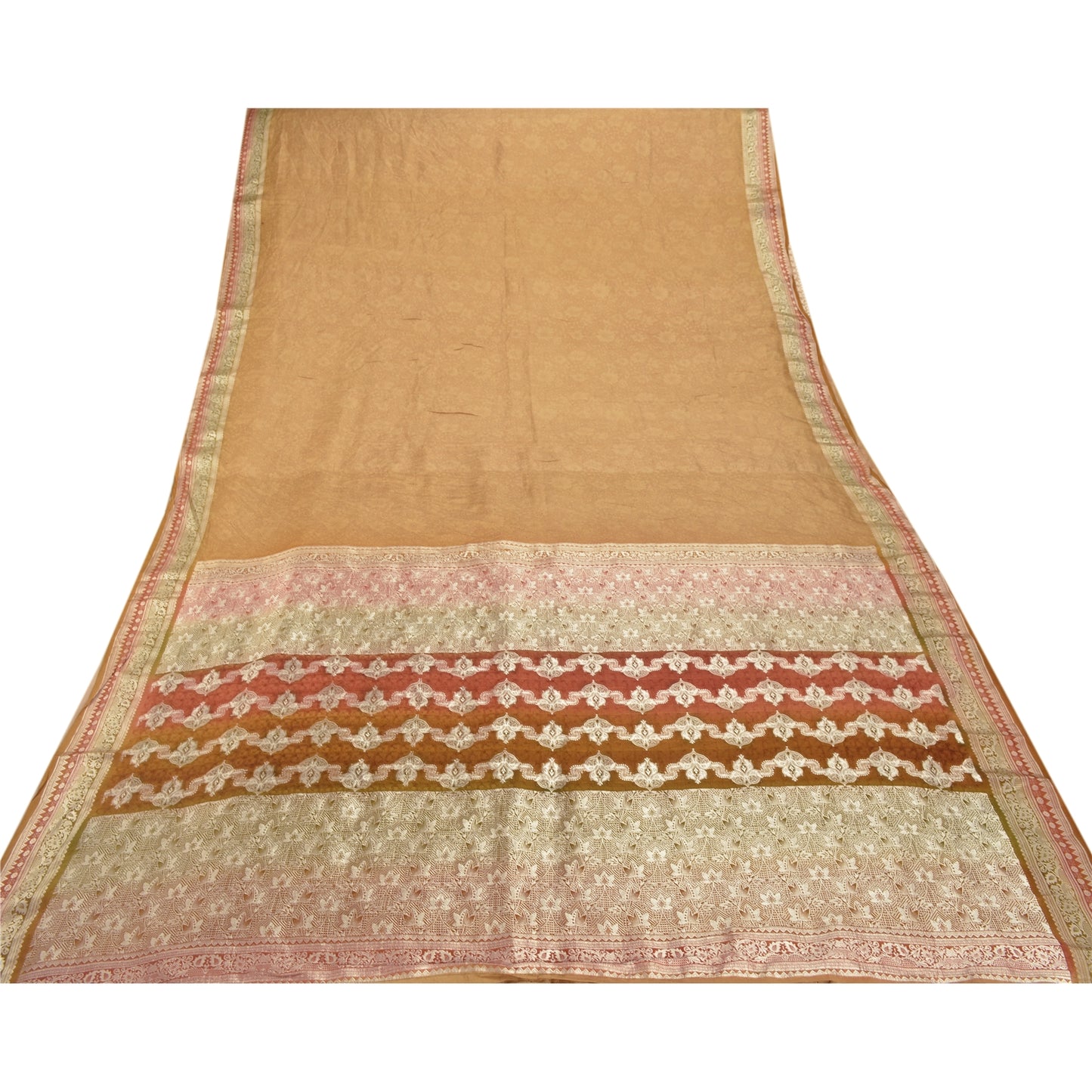 Sanskriti Vintage Beige Sarees 100% Pure Silk Woven Craft 5 Yard Sustainable Fabric Sari