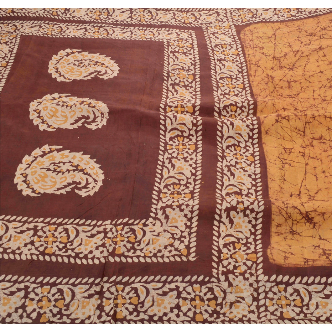 Sanskriti Vintage Saffron Indian Sari Pure Silk Batik Work Craft Fabric Sarees