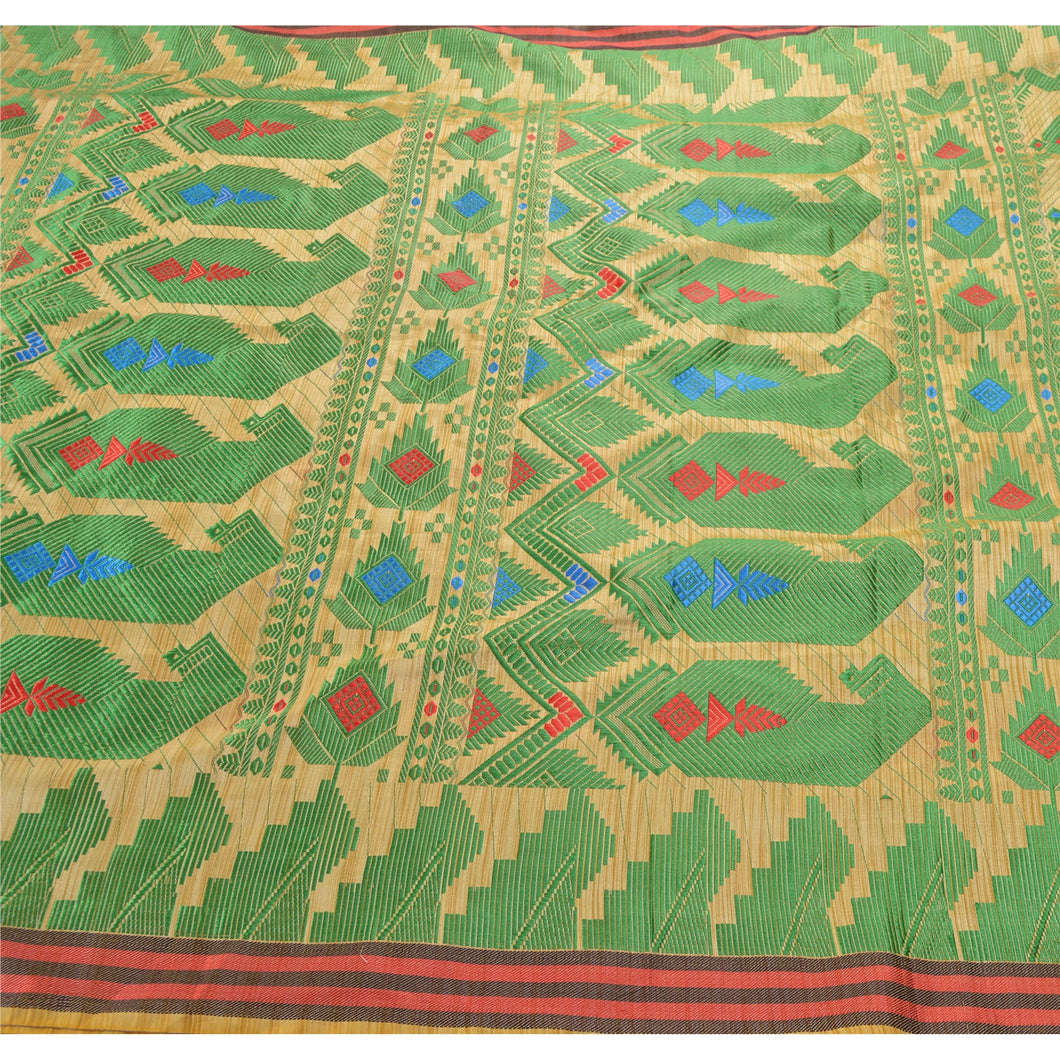 Sanskriti Vintage Cream Sarees Art Silk Woven Craft Fabric Cultural 5 YD Sari