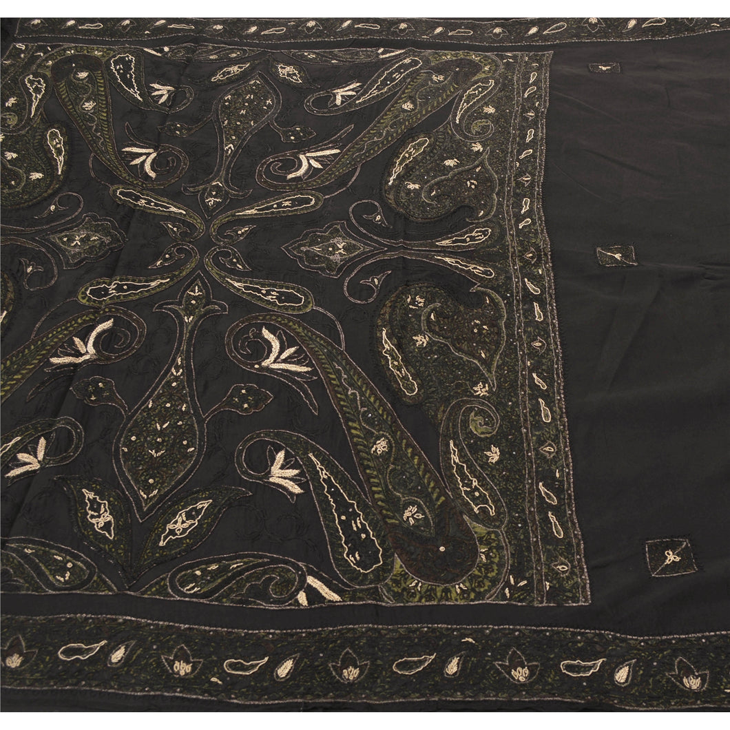 Sanskriti Vintage Black Sarees Pure Silk Hand Beaded Craft Fabric Cultural Sari