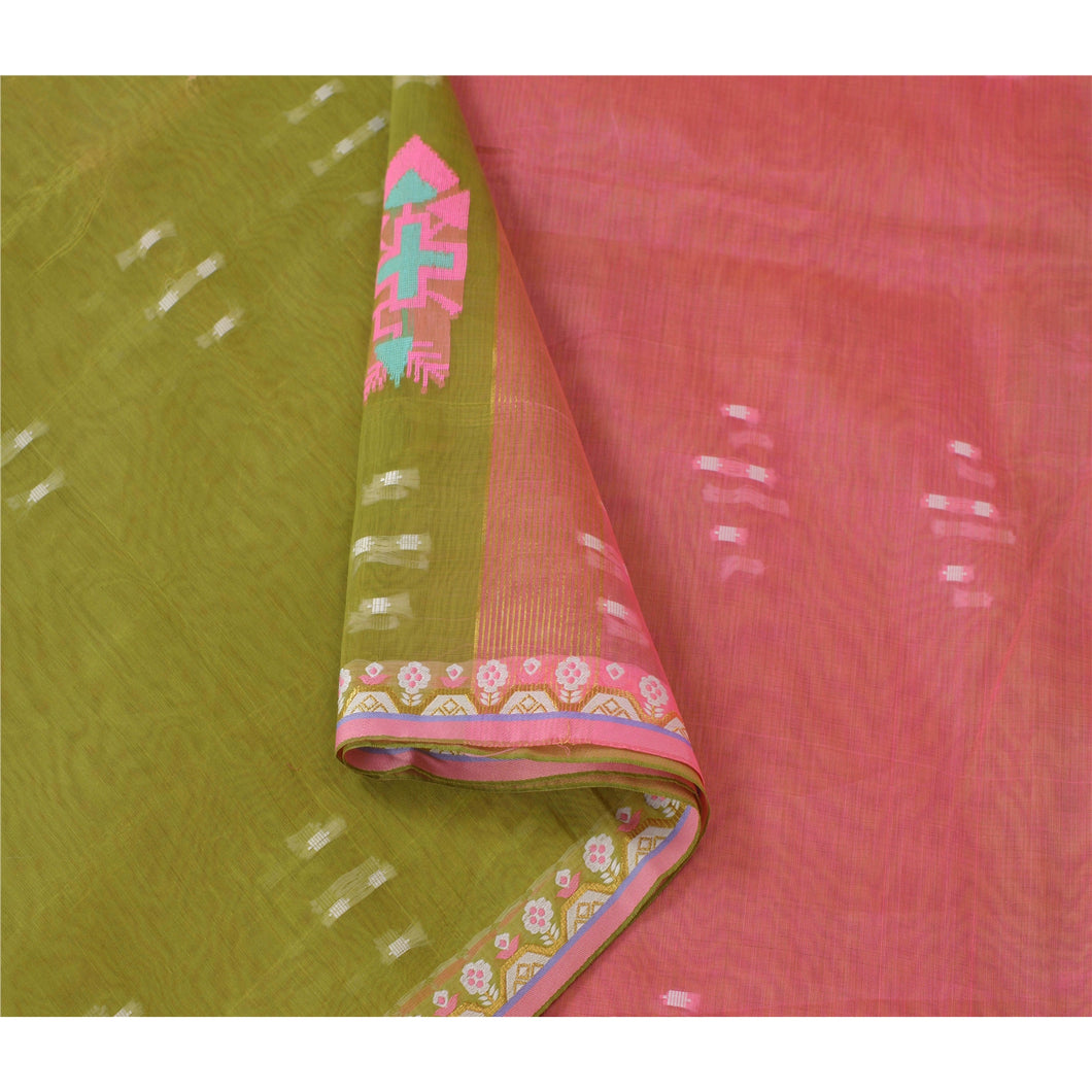 Sanskriti Vintage Green Indian Sarees Art Silk Woven Craft Fabric 5 Yard Sari