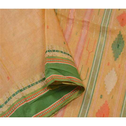 Sanskriti Vintage Cream Sarees 100% Pure Silk Woven Traditional Tant Sari Sustainable Fabric
