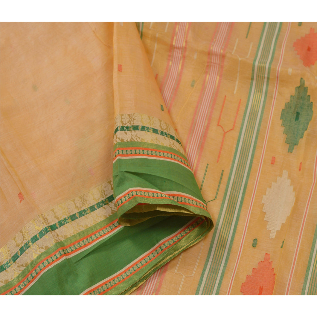 Sanskriti Vintage Cream Sarees 100% Pure Silk Woven Traditional Tant Sari Fabric