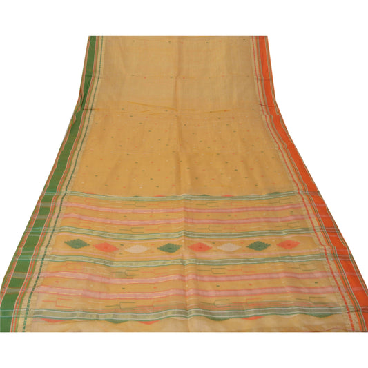 Sanskriti Vintage Cream Sarees 100% Pure Silk Woven Traditional Tant Sari Sustainable Fabric