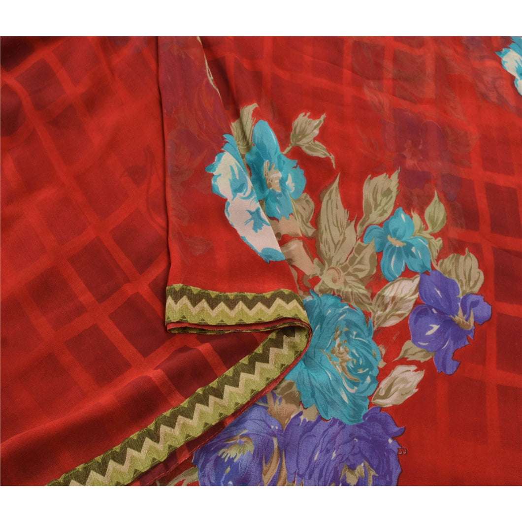 Sanskriti Vintage Red Sarees Georgette Embroidered Fabric 5 YD Sari Blouse Piece