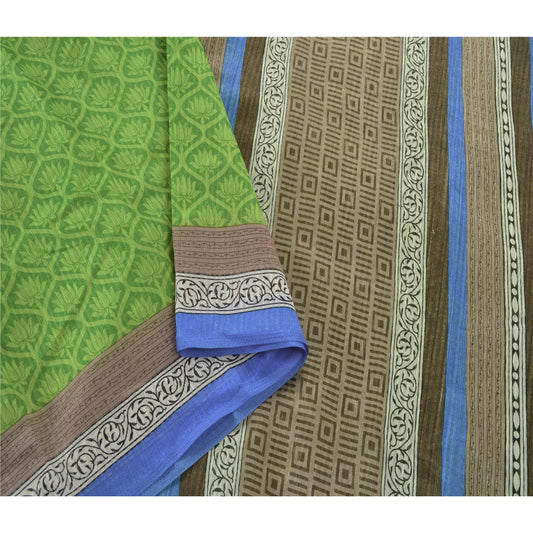 Sanskriti Vintage Handloom Art Silk Saree Block Printed Sustainable Fabric Sari Blouse Piece