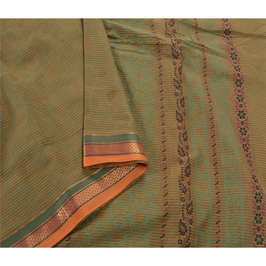 Sanskriti Vintage Green Sarees Cotton Woven Block Printed Craft Fabric 5 YD Sari