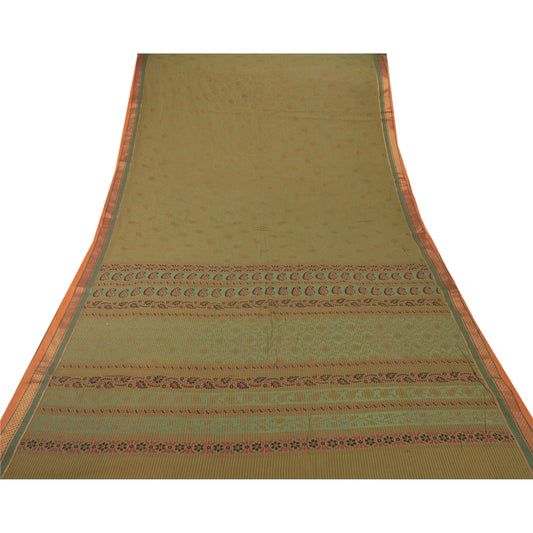 Sanskriti Vintage Green Sarees Cotton Woven Block Printed Craft Sustainable Fabric 5 YD Sari
