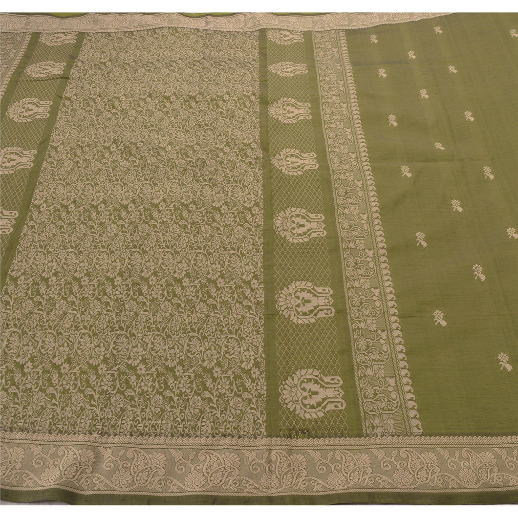 Sanskriti Vintage Green Sarees Art Silk Woven Craft Fabric Premium 5 Yard Sari