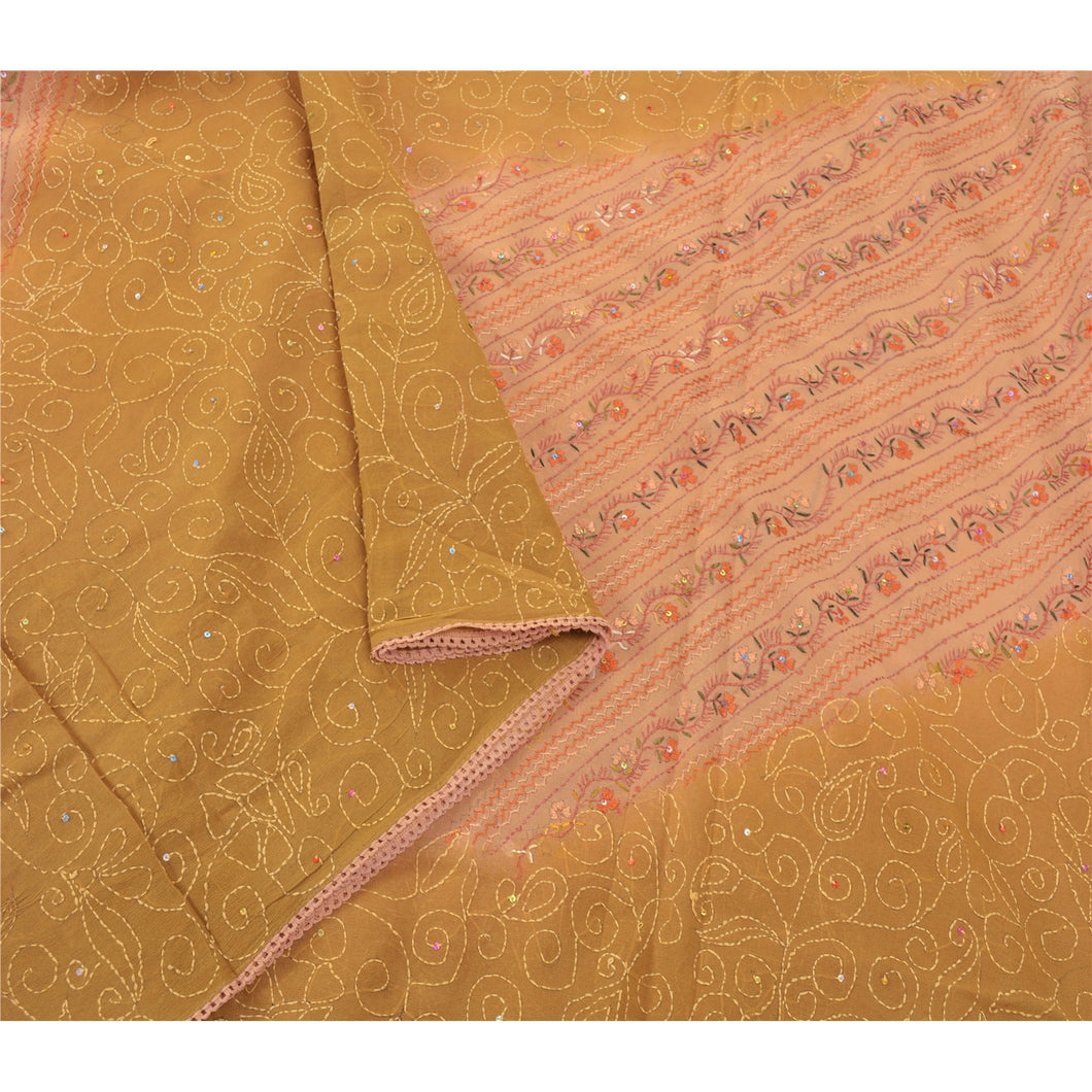 Sanskriti Vintage Green Sarees Blend Georgette Hand Beaded Kantha Sari Fabric