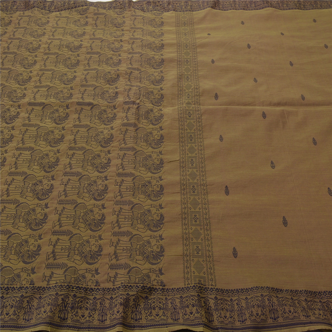 Sanskriti Vintage Green Indian Sari Art Silk Woven Baluchari Fabric 5 YD Sarees
