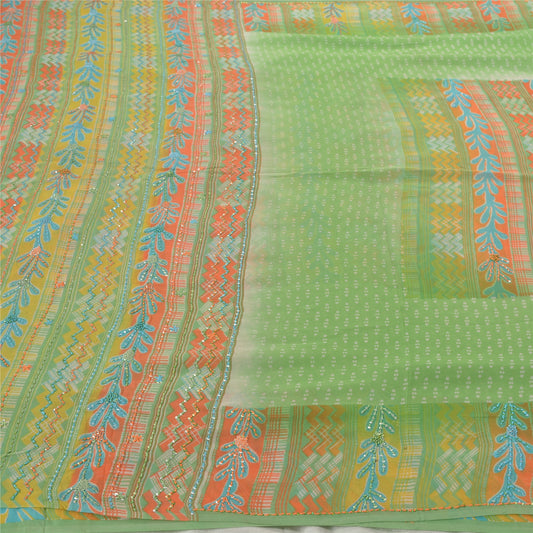 Sanskriti Vintage Green Sarees Pure Georgette Silk Hand Beaded Sustainable Fabric Sari