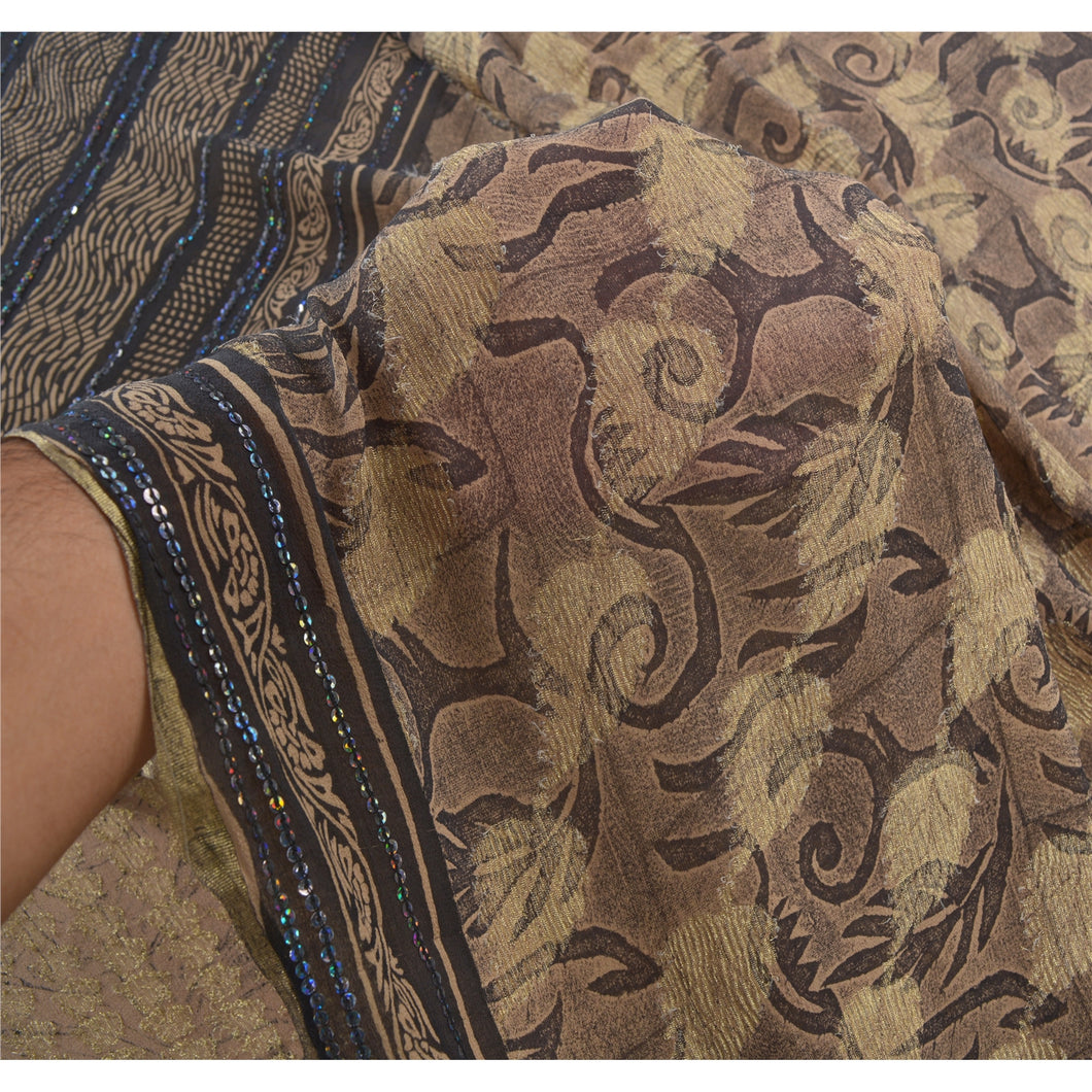 Sanskriti Vintage Brown Sarees Blend Silk Hand Beaded Woven Craft Fabric Sari