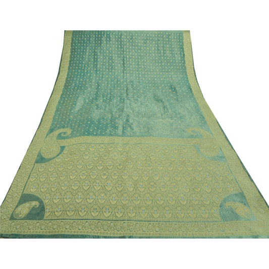 Sanskriti Vintage Green Sarees 100% Pure Silk Woven Indian Sari Premium Sustainable Fabric