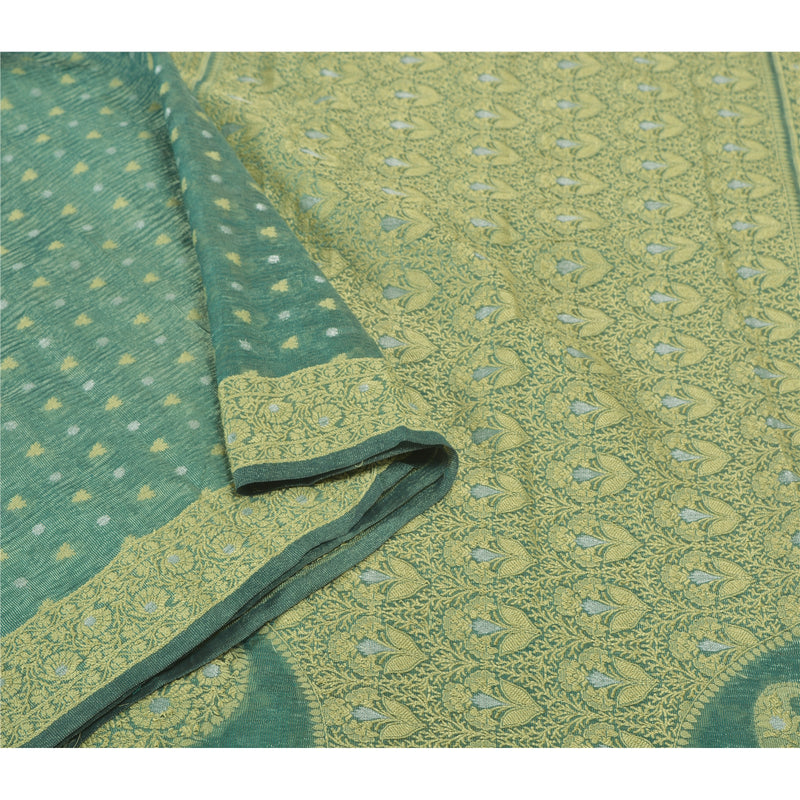 Sanskriti Vintage Green Sarees 100% Pure Silk Woven Indian Sari Premium Sustainable Fabric