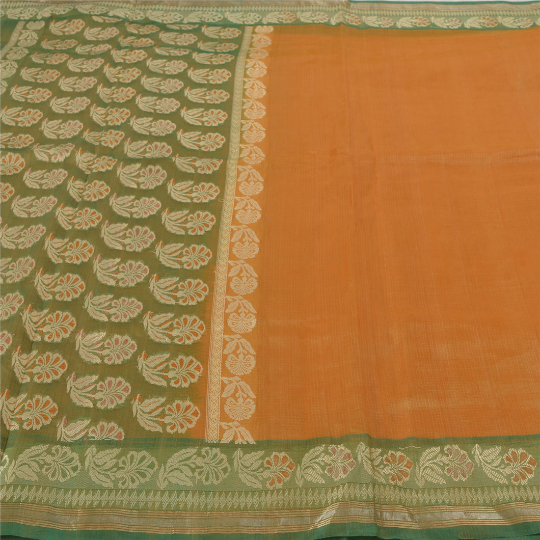 Sanskriti Vintage Saffron Sarees Pure Silk Woven Indian Sari Premium Fabric