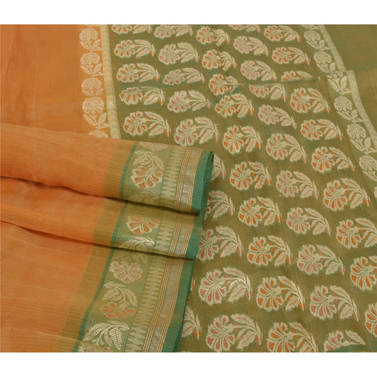 Sanskriti Vintage Saffron Sarees Pure Silk Woven Indian Sari Premium Sustainable Fabric