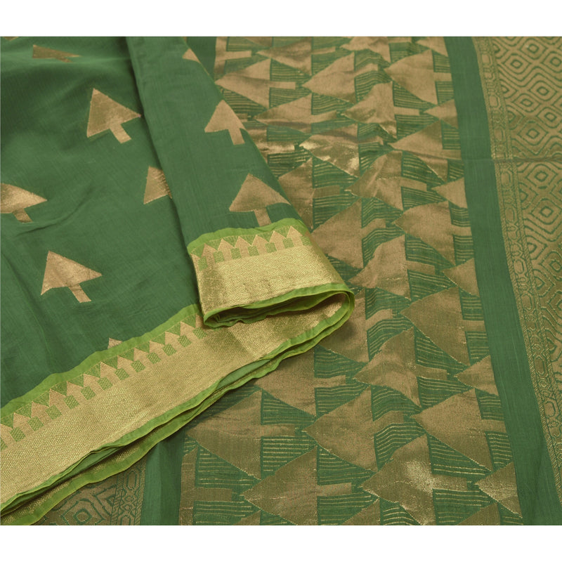 Sanskriti Vintage Green Sarees Blend Silk Woven Brocade Sari Premium 5 YD Sustainable Fabric